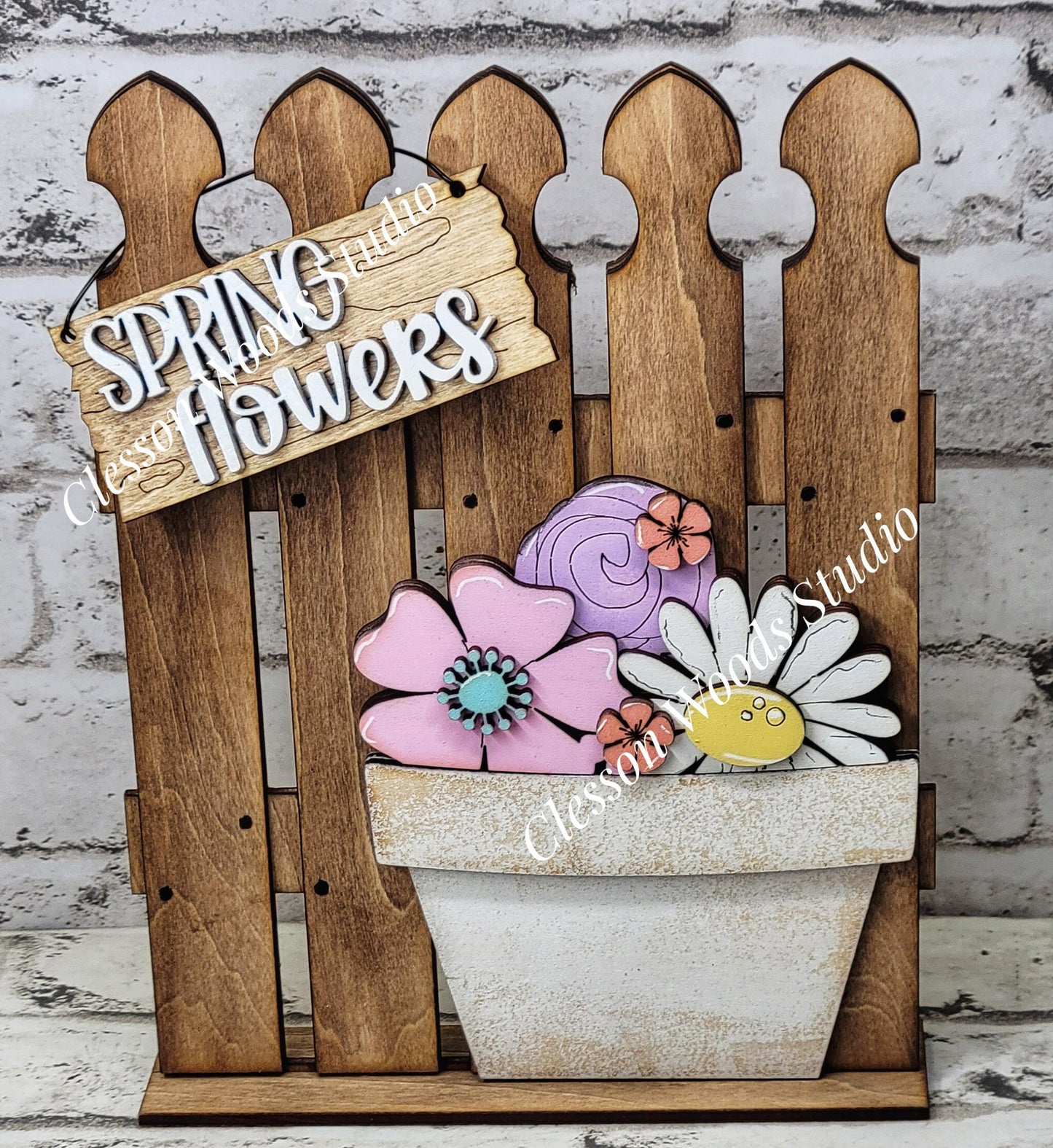 Tiny Fence Basket Set - Spring Flowers Stained Fence Rustic White Pot