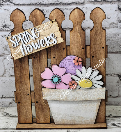 Tiny Fence Basket Set - Spring Flowers Stained Fence Rustic White Pot