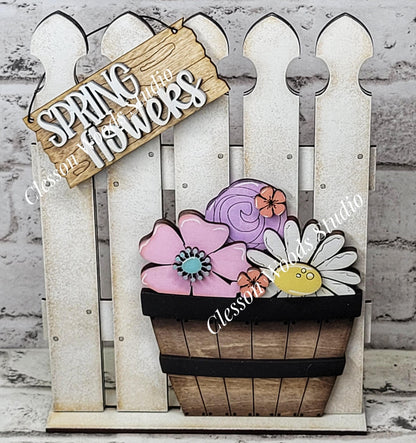 Tiny Fence Basket Set - Spring Flowers Rustic White/Apple Basket
