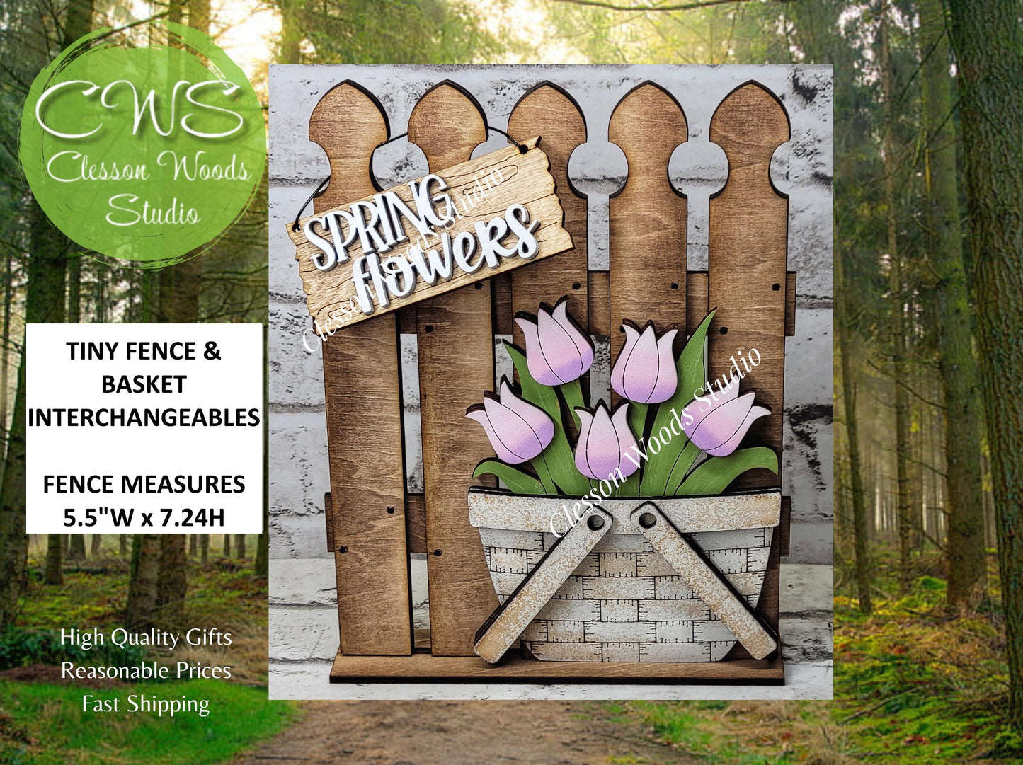 Tiny Fence Basket Set – Hand-Painted Rustic Wood Spring Tulips Vignette