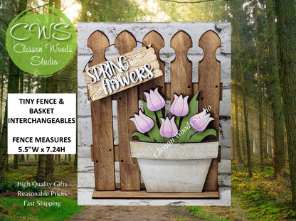 Tiny Fence Basket Set - Spring Tulips Stained Fence Rustic White Pot
