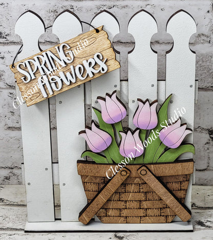 Tiny Fence Basket Set – Hand-Painted Spring Tulips Interchangeable Décor