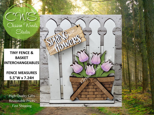 Tiny Fence Basket Set – Hand-Painted Spring Tulips Interchangeable Décor
