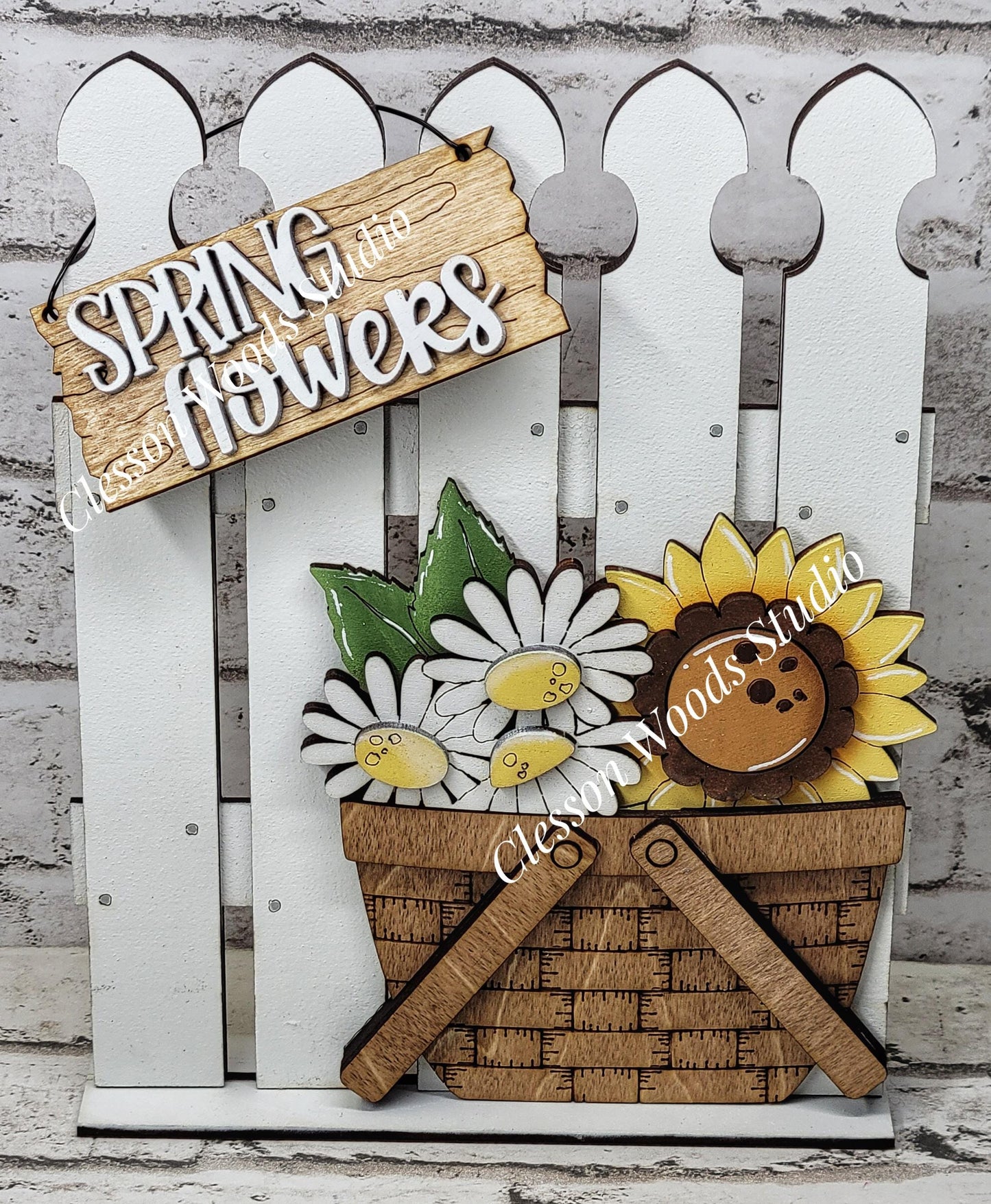 Hand-Painted Tiny Fence Basket Interchangeable Decor – Daisy Sunflower Vignette