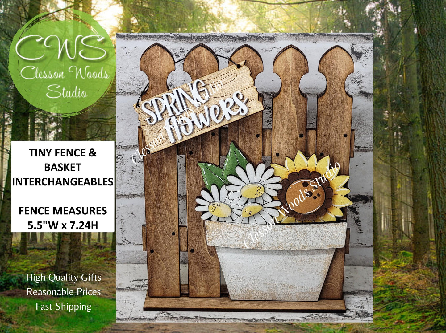 Tiny Fence Basket Set - Daisy Sunflower Stained Fence Rustic White Pot