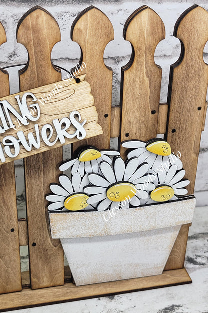 Tiny Fence Basket Set - Daisy Stained Fence Rustic White Pot