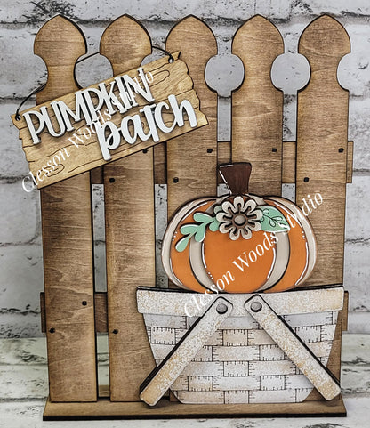 Tiny Fence Basket Set – Hand-Painted Pumpkin Patch Decor, Rustic Wood Vignette