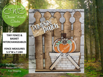Tiny Fence Basket Set – Hand-Painted Pumpkin Patch Decor, Rustic Wood Vignette