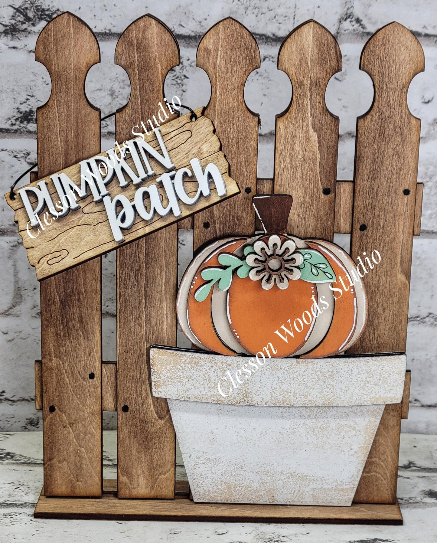 Tiny Fence Basket Set - Pumpkin & Flower Stained Fence Rustic White Pot