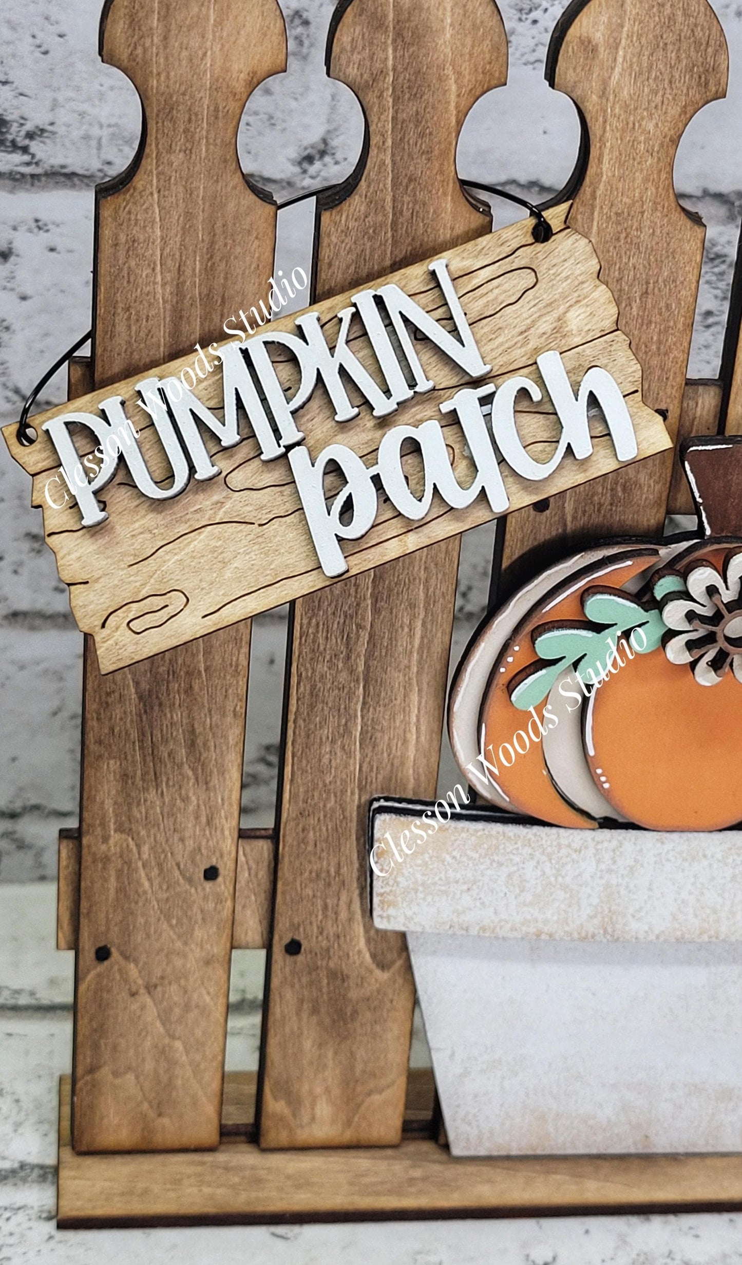 Tiny Fence Basket Set - Pumpkin & Flower Stained Fence Rustic White Pot