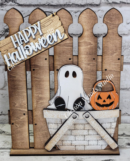 Tiny Halloween Fence Basket Set – Rustic Wood Vignette Décor