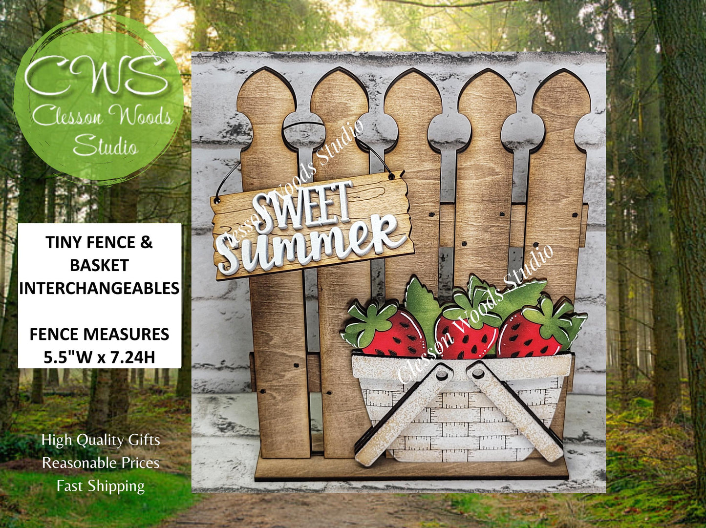 Hand-Painted Wooden Fence Basket Set – Strawberries, Rustic Vignette Décor