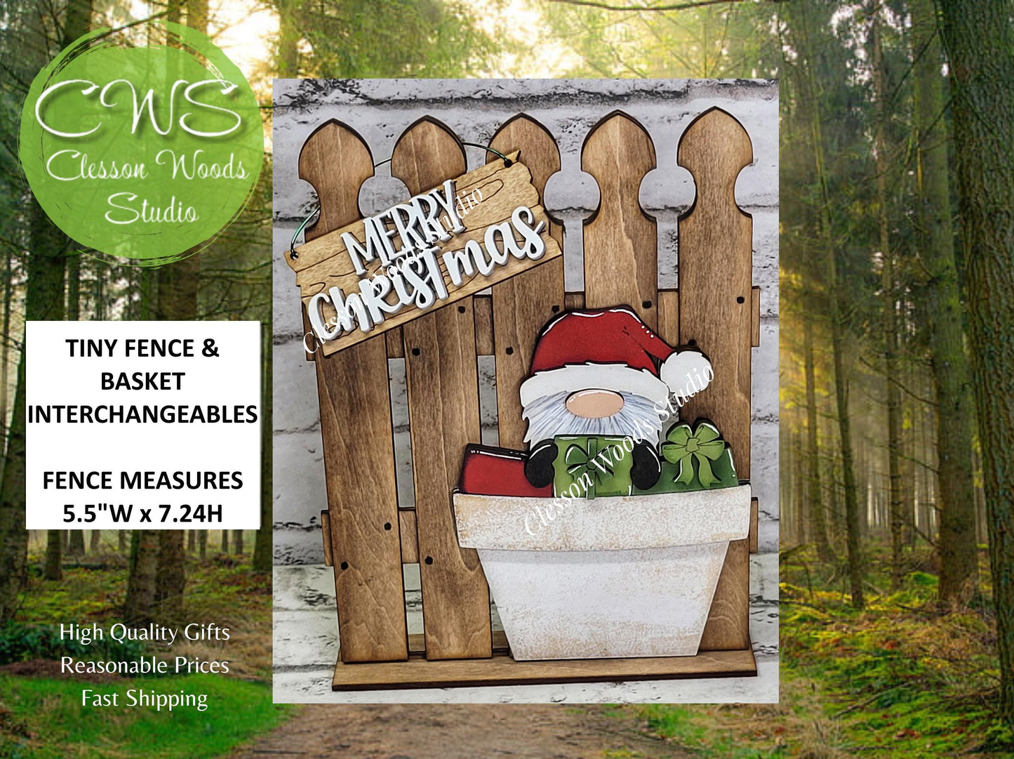 Tiny Fence Basket Set - Christmas Gnome Stained Fence Rustic White Pot