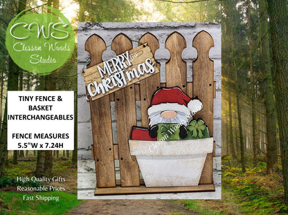 Tiny Fence Basket Set - Christmas Gnome Stained Fence Rustic White Pot