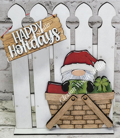 Tiny Fence Basket Set – Hand-Painted Christmas Gnome Vignette Decor
