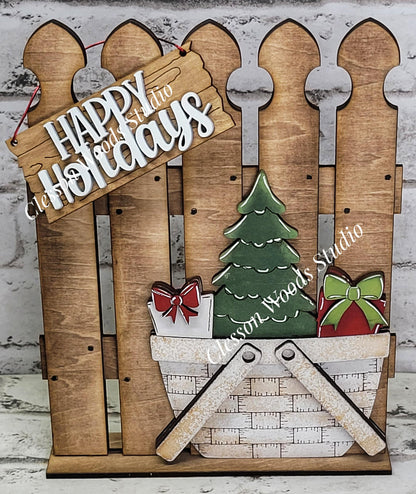 Hand-Painted Rustic Fence & Basket Set – Interchangeable Christmas Vignette Decor