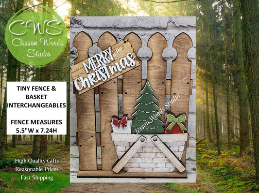 Hand-Painted Rustic Fence & Basket Set – Interchangeable Christmas Vignette Decor