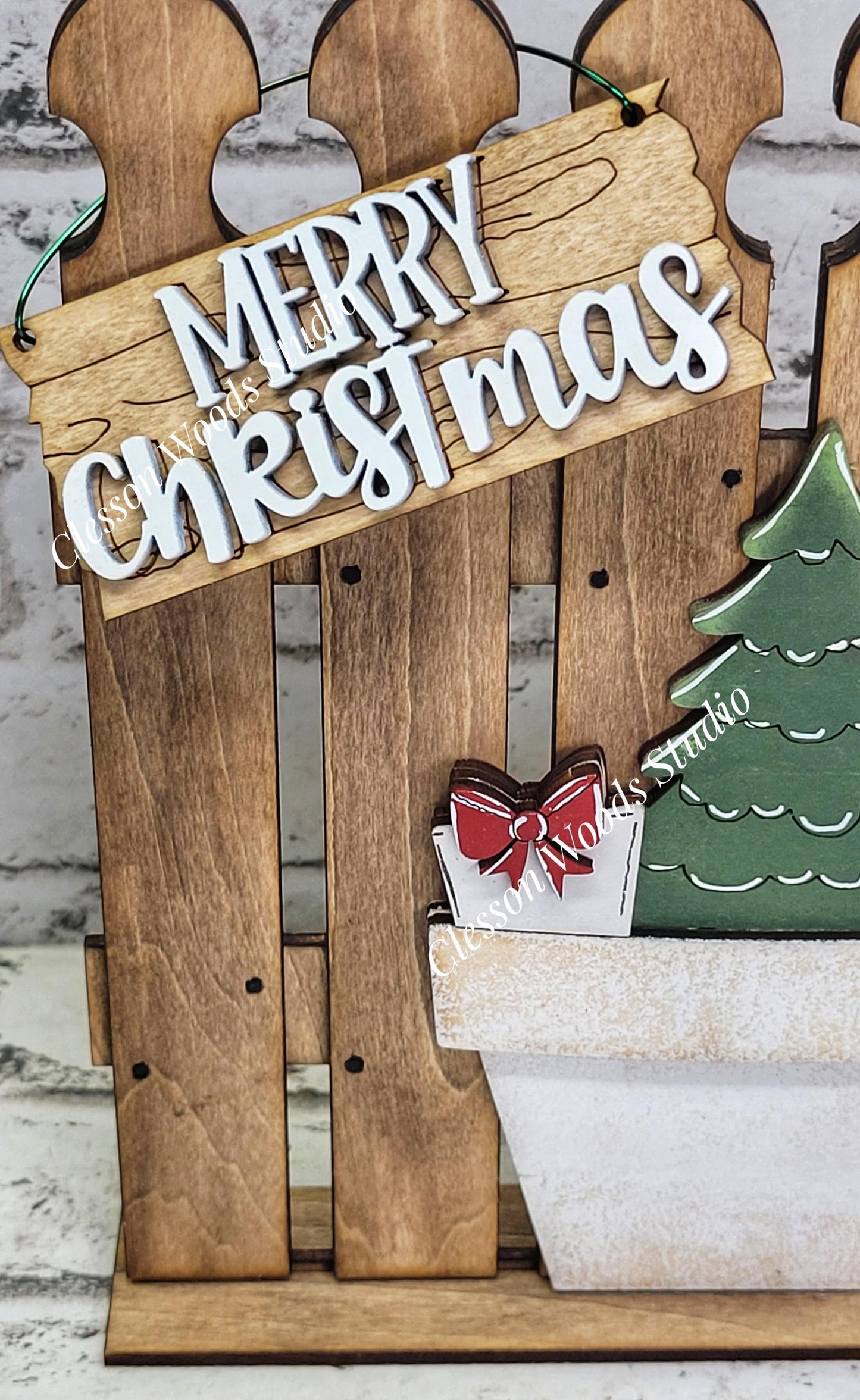 Tiny Fence Basket Set - Christmas Tree & Gifts Stained Fence Rustic White Pot