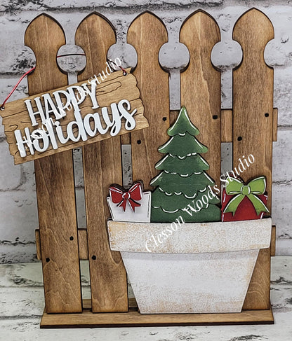 Tiny Fence Basket Set - Christmas Tree & Gifts Stained Fence Rustic White Pot