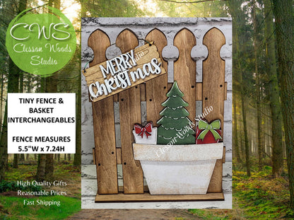 Tiny Fence Basket Set - Christmas Tree & Gifts Stained Fence Rustic White Pot