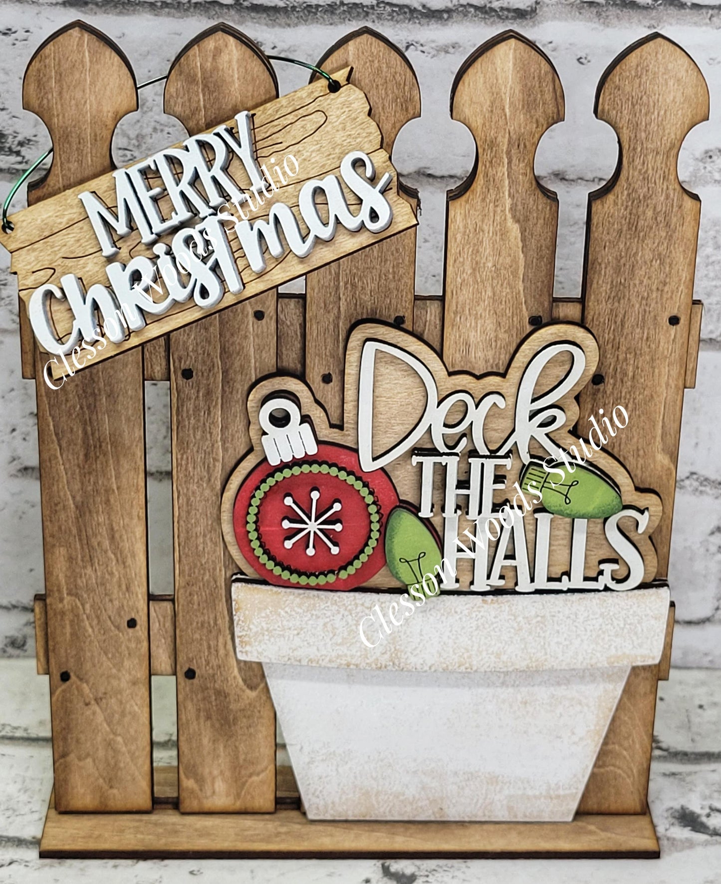 Tiny Fence Basket Set - Deck The Halls Stained Fence Rustic White Pot