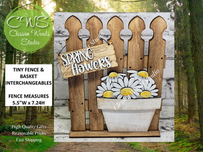 Tiny Fence Basket Set - Daisy Stained Fence Rustic White Pot