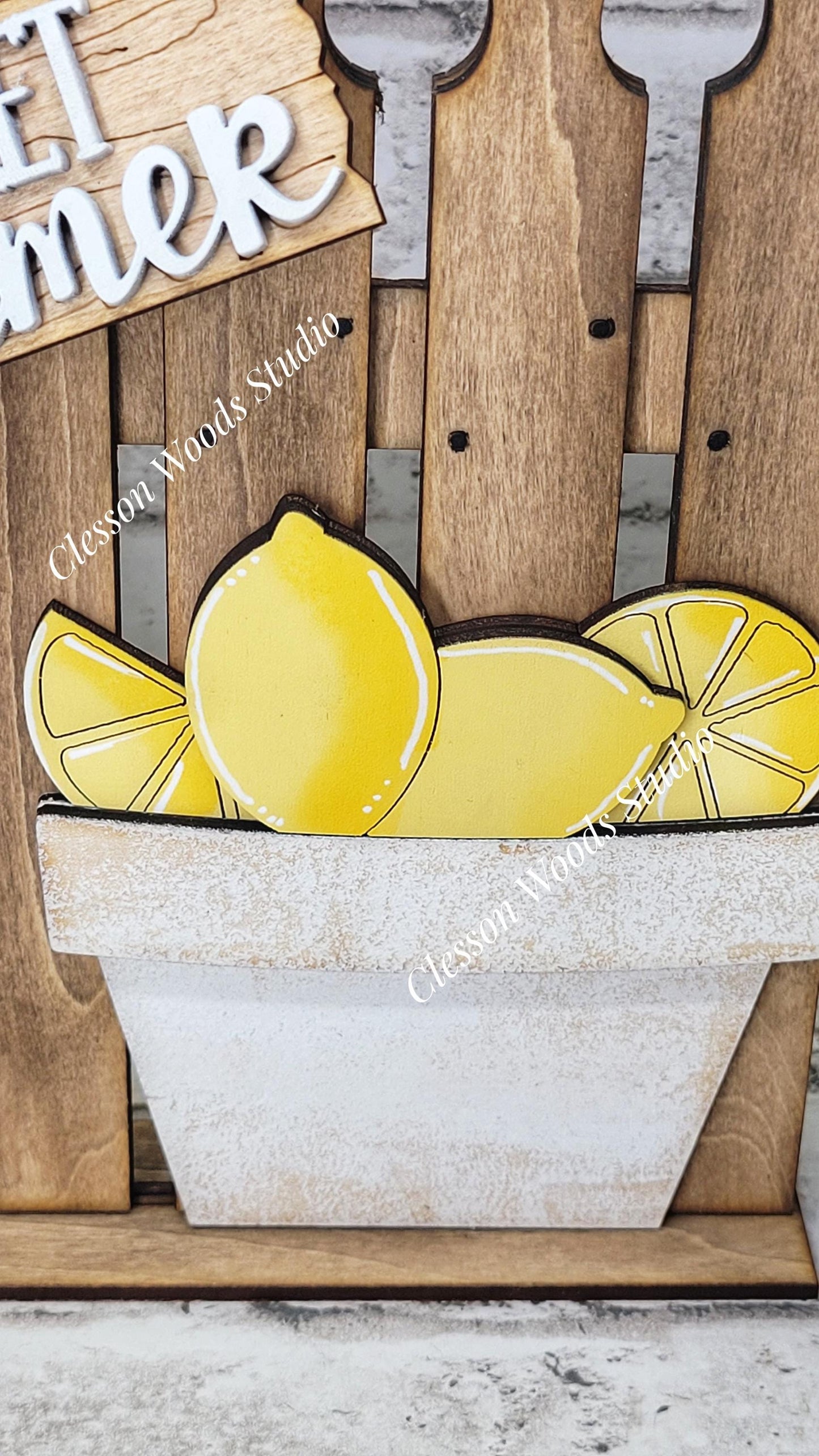 Tiny Fence Basket Set - Lemons Stained Fence Rustic White Pot
