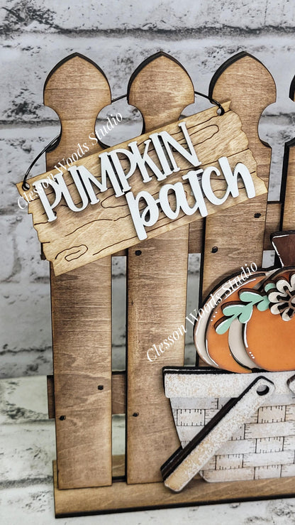 Tiny Fence Basket Set – Hand-Painted Pumpkin Patch Decor, Rustic Wood Vignette