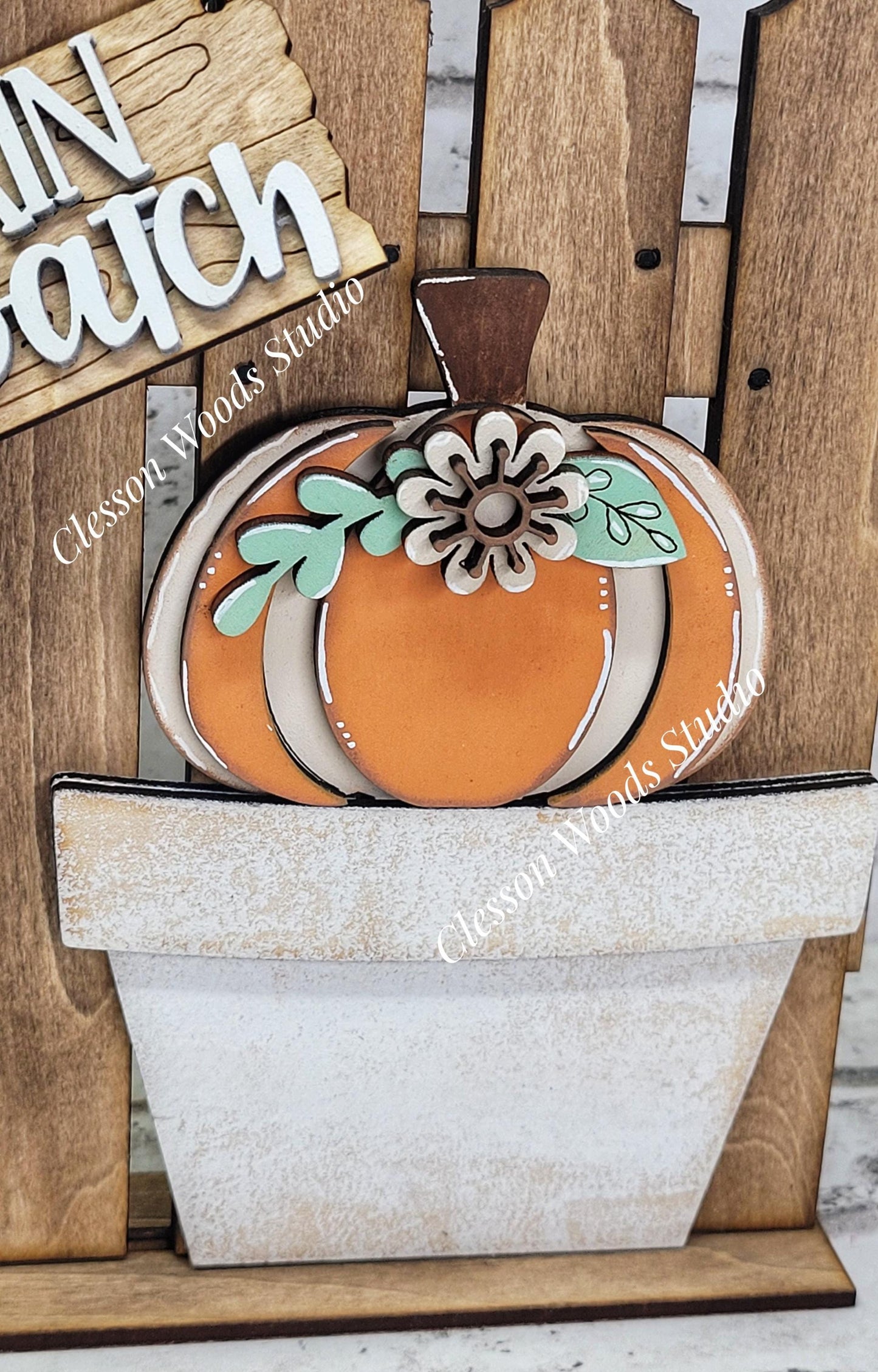 Tiny Fence Basket Set - Pumpkin & Flower Stained Fence Rustic White Pot