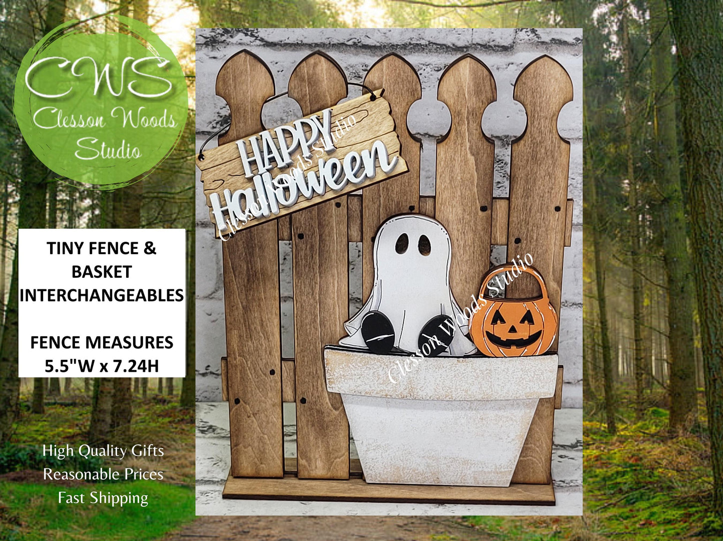 Tiny Fence Basket Set - Halloween Ghost Stained Fence Rustic White Pot