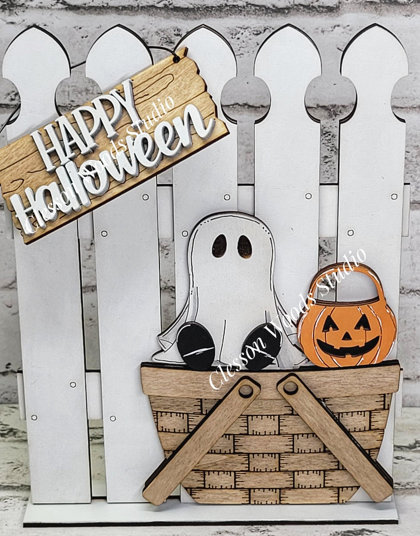 Hand-Painted Tiny Fence Basket Set – Halloween Ghost Pumpkin Decor