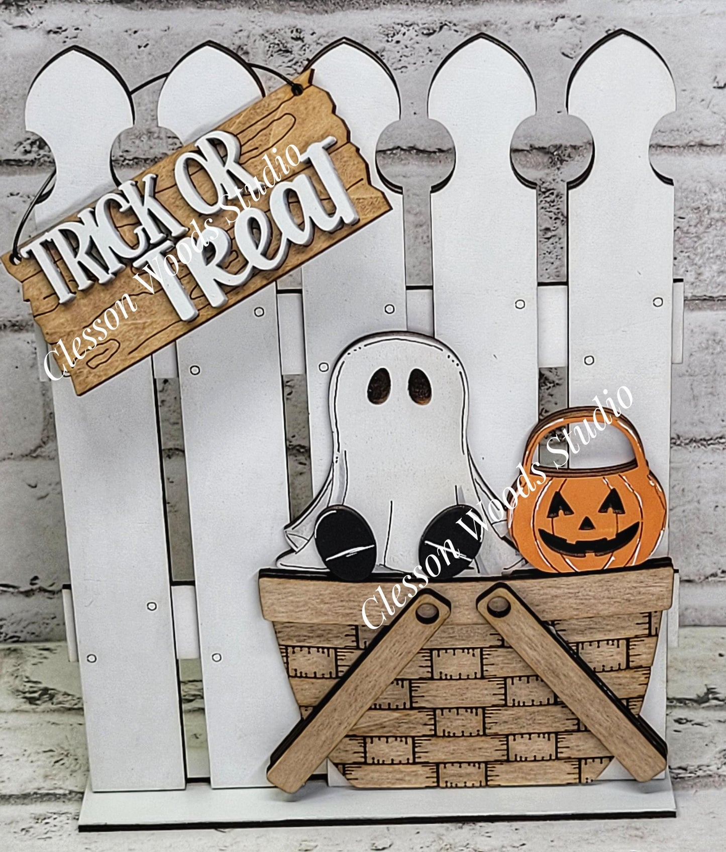 Hand-Painted Tiny Fence Basket Set – Halloween Ghost Pumpkin Decor