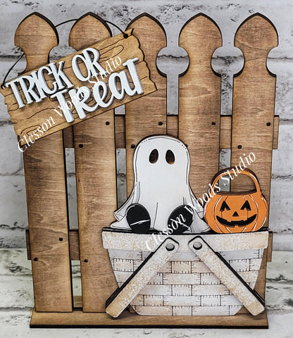 Tiny Halloween Fence Basket Set – Rustic Wood Vignette Décor