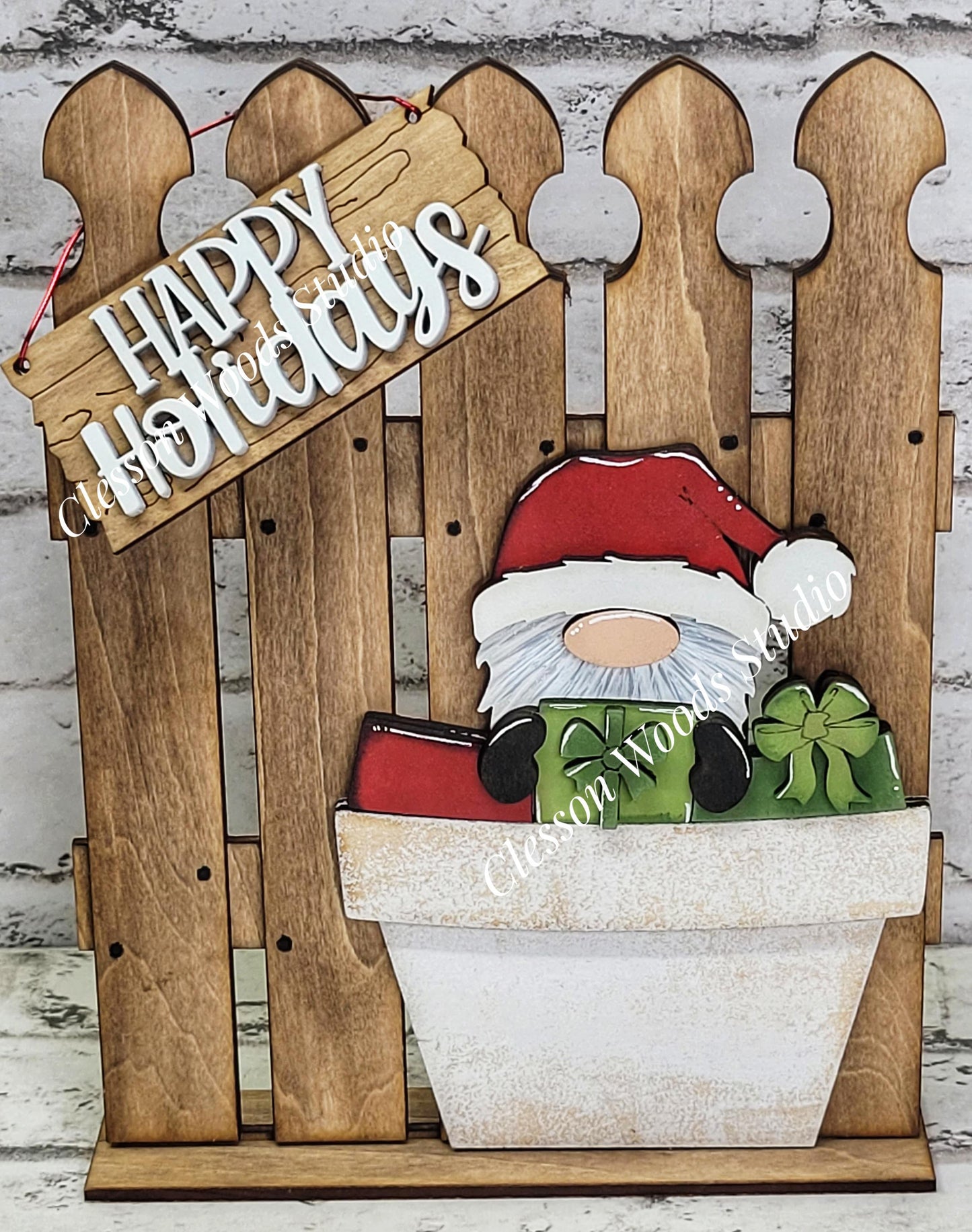 Tiny Fence Basket Set - Christmas Gnome Stained Fence Rustic White Pot