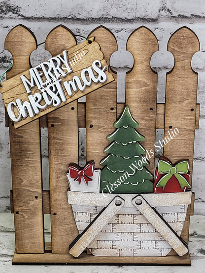 Hand-Painted Rustic Fence & Basket Set – Interchangeable Christmas Vignette Decor