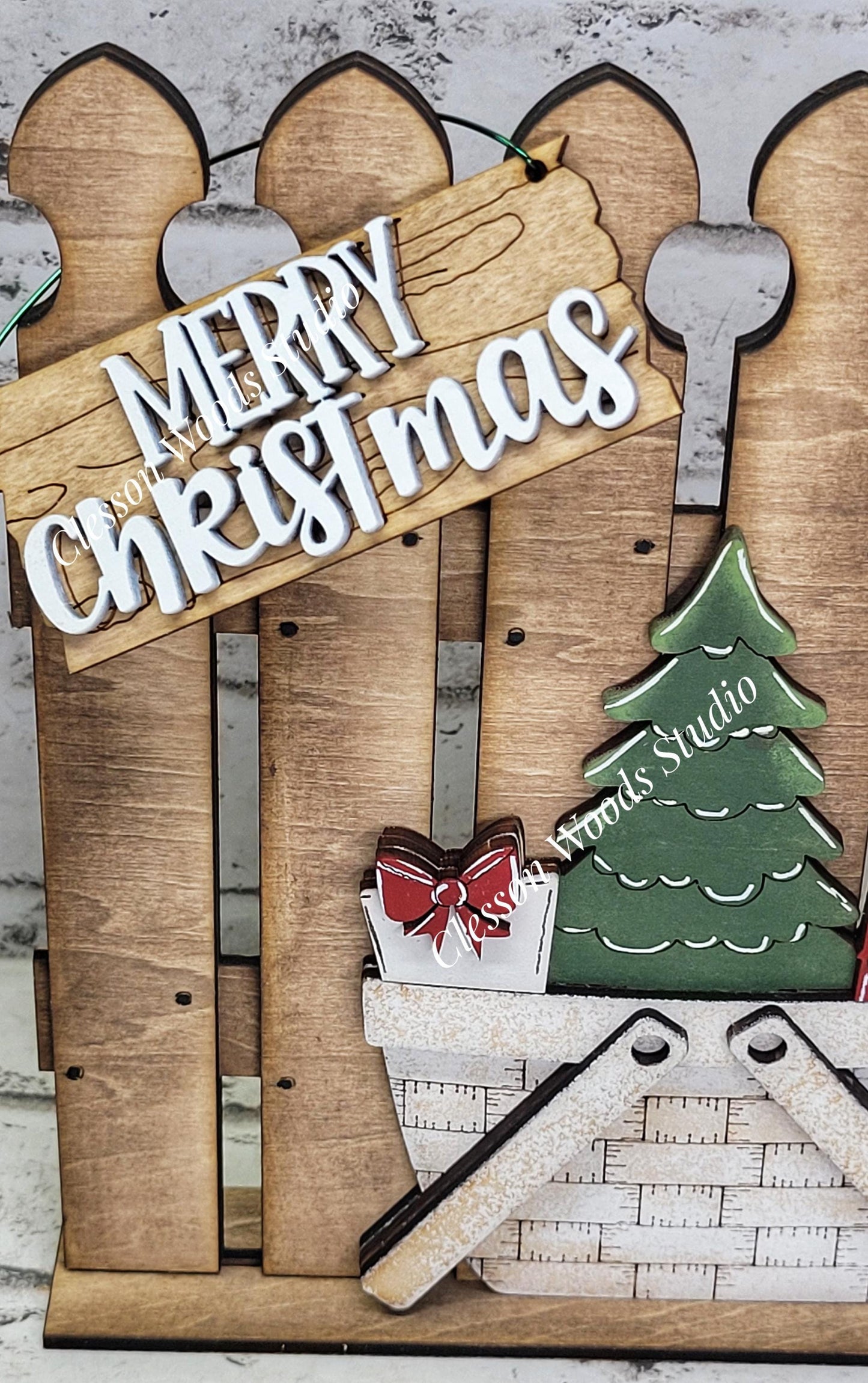 Hand-Painted Rustic Fence & Basket Set – Interchangeable Christmas Vignette Decor