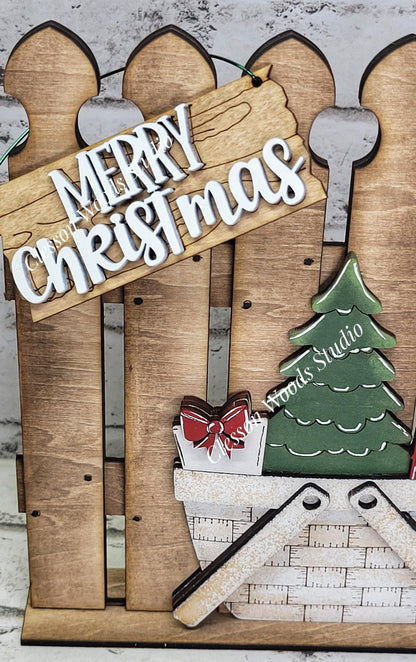 Hand-Painted Rustic Fence & Basket Set – Interchangeable Christmas Vignette Decor