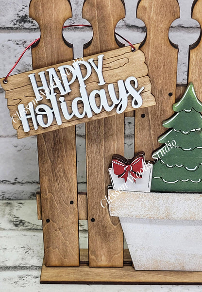 Tiny Fence Basket Set - Christmas Tree & Gifts Stained Fence Rustic White Pot