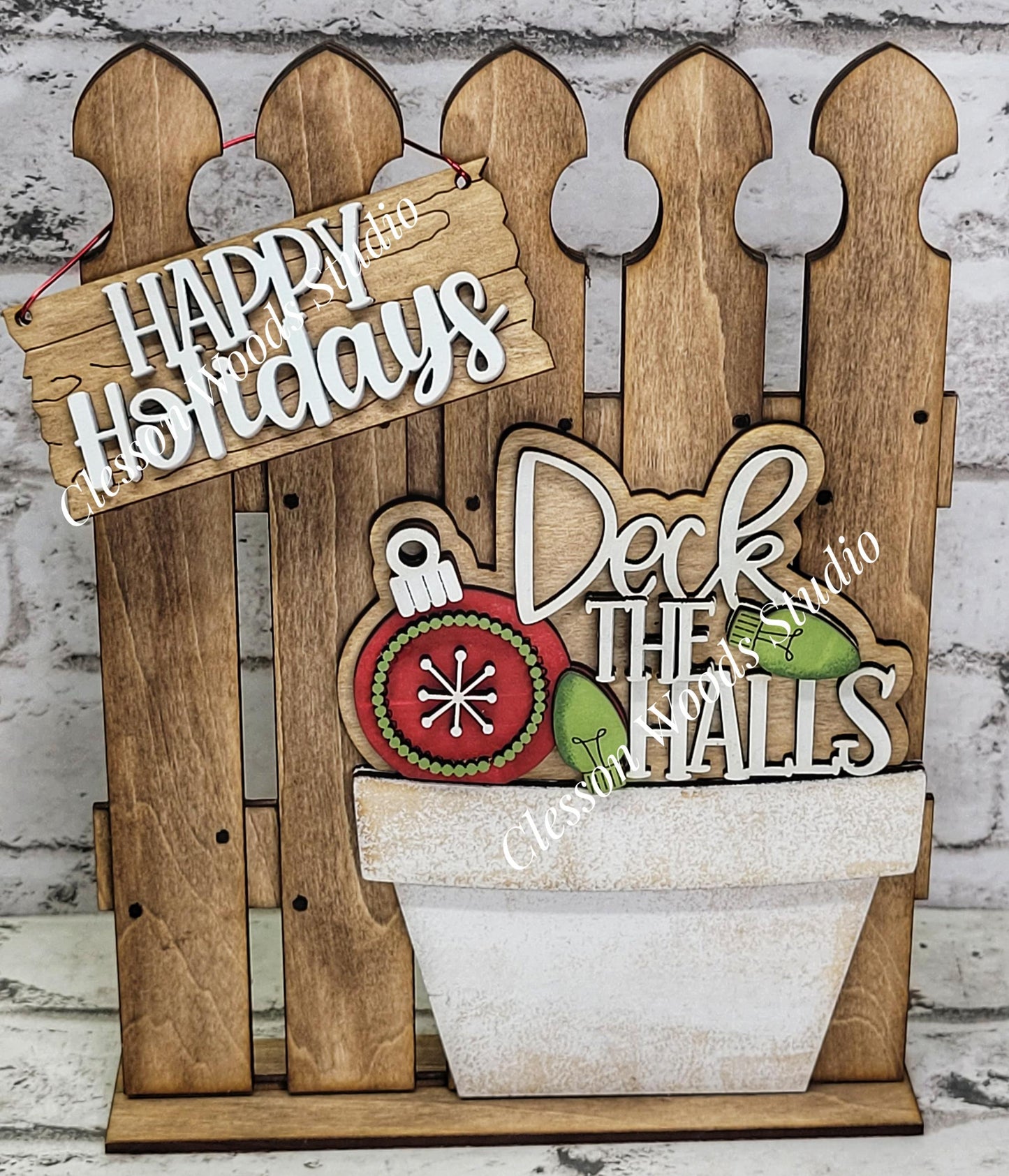 Tiny Fence Basket Set - Deck The Halls Stained Fence Rustic White Pot