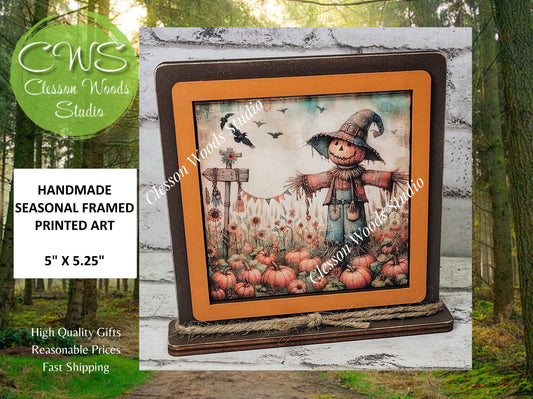 Fall Scarecrow In Pumpkin Patch Framed Art Wood Sign