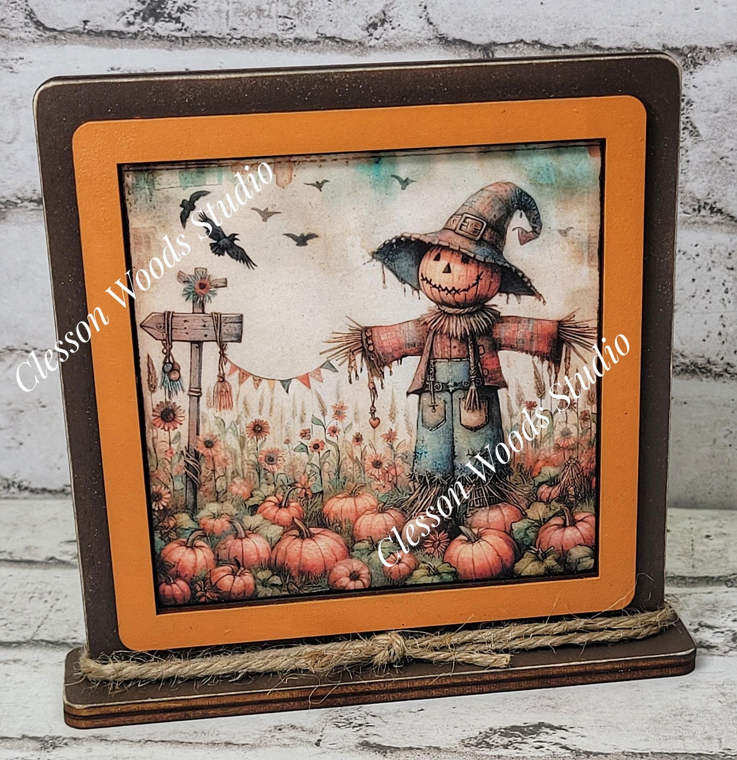 Fall Scarecrow In Pumpkin Patch Framed Art Wood Sign