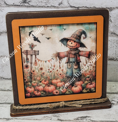 Fall Scarecrow In Pumpkin Patch Framed Art Wood Sign