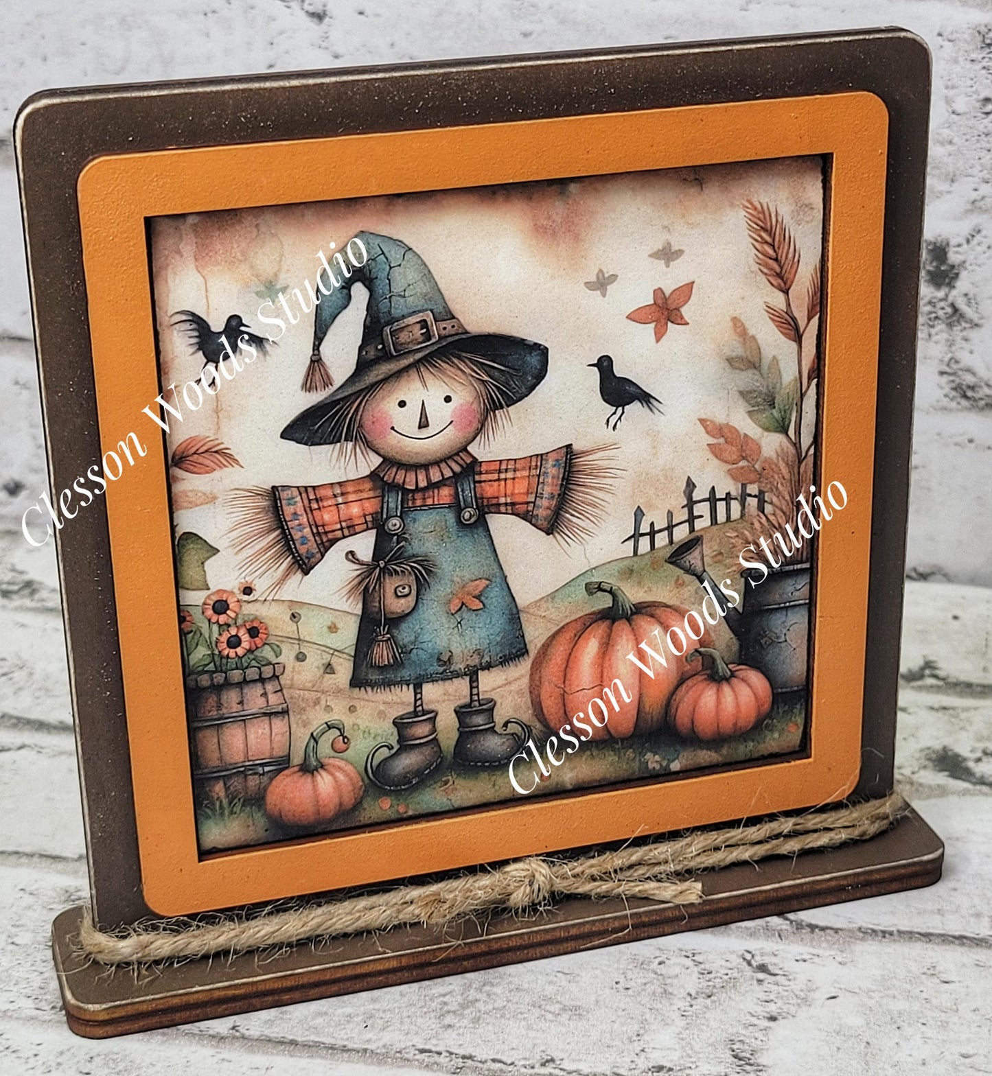 Fall Scarecrow Girl Framed Art Wood Sign