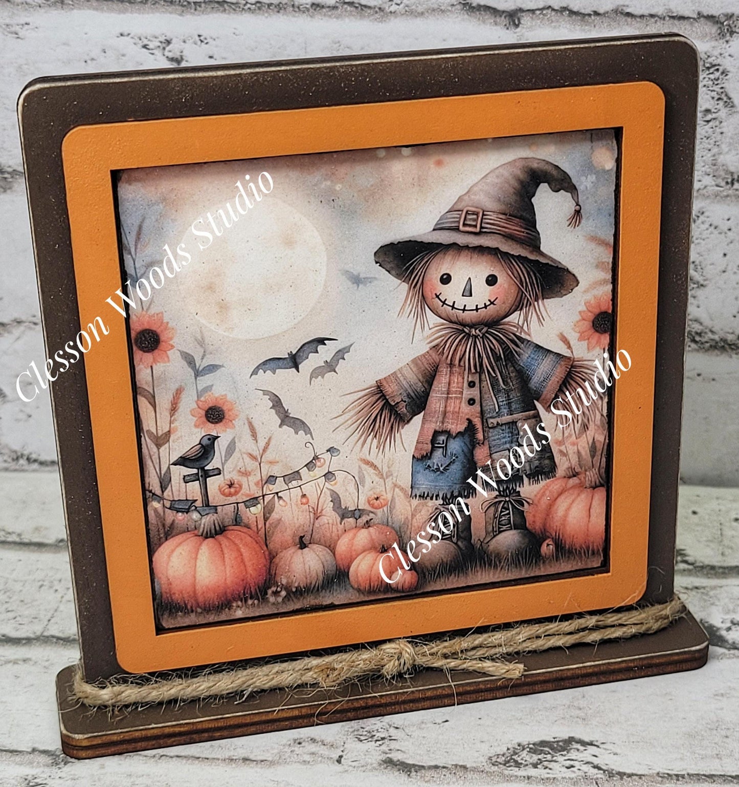 Fall Scarecrow With Patchwork Coat Framed Art Wood Sign
