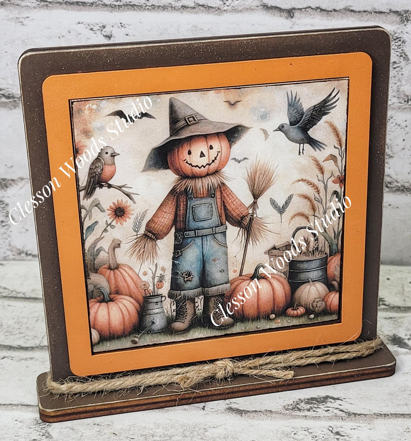 Fall Scarecrow With Broom Framed Art Wood Sign