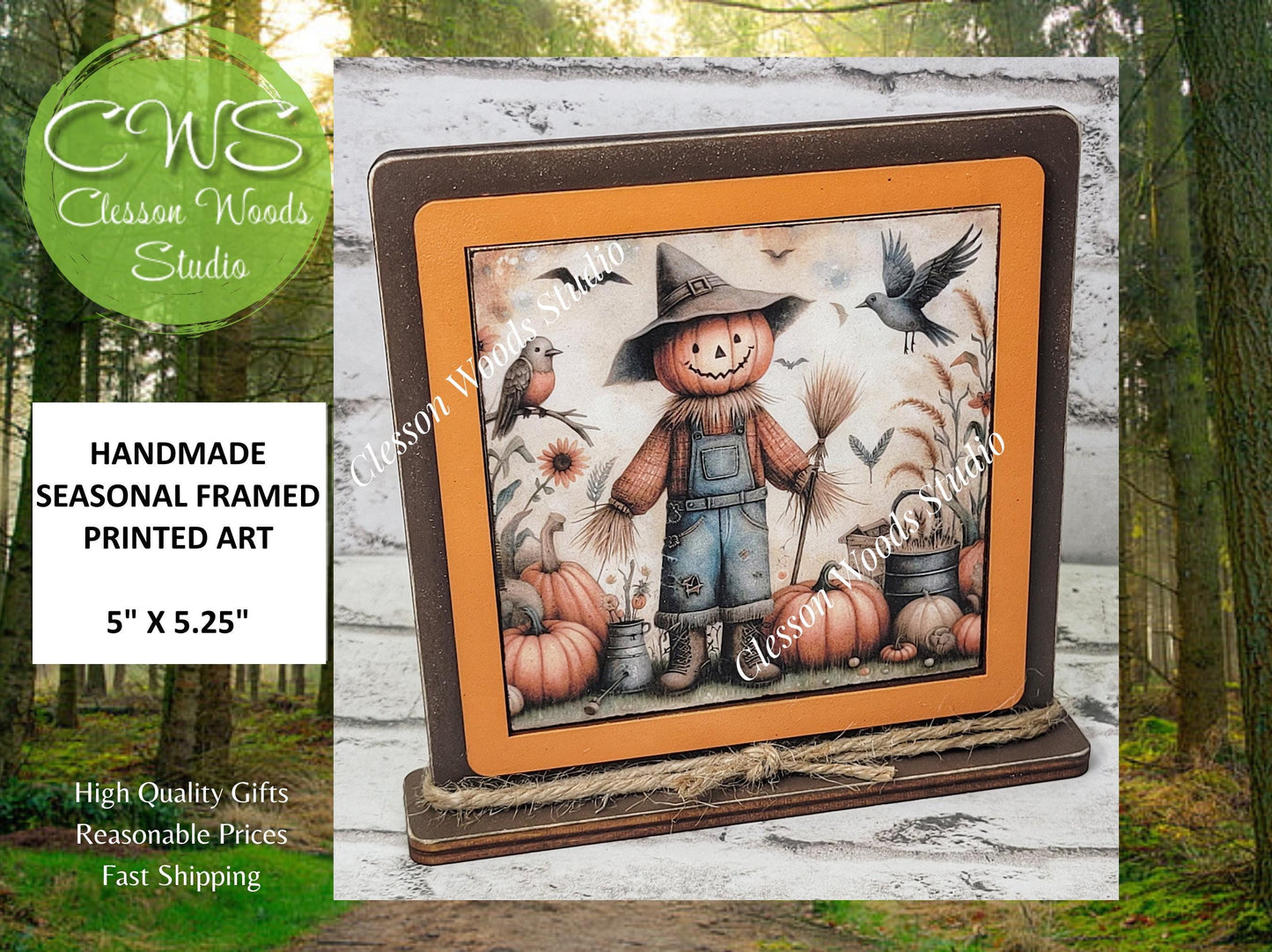 Fall Scarecrow With Broom Framed Art Wood Sign