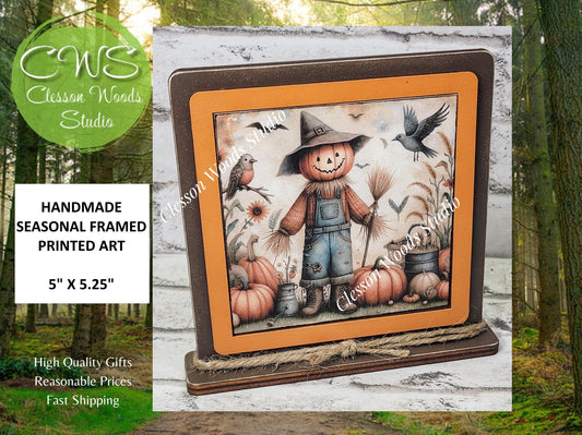 Fall Scarecrow With Broom Framed Art Wood Sign