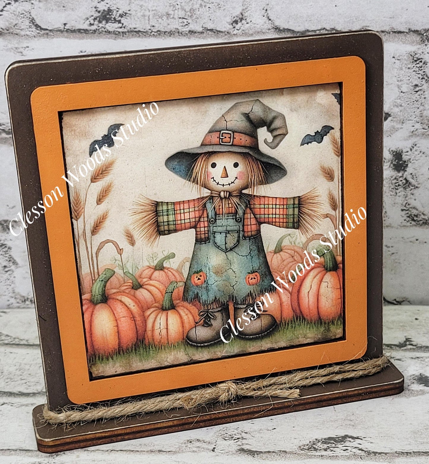 Fall Scarecrow With Plaid Shirt Framed Art Wood Sign