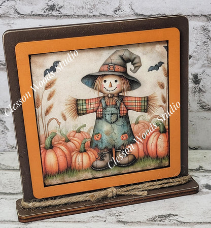 Fall Scarecrow With Plaid Shirt Framed Art Wood Sign