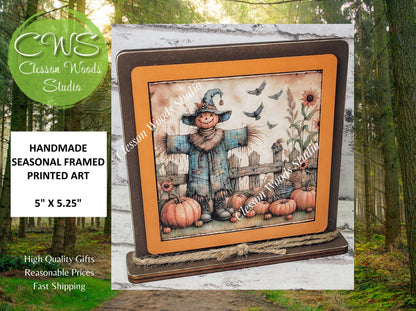 Fall Scarecrow With Blue Coat Framed Art Wood Sign